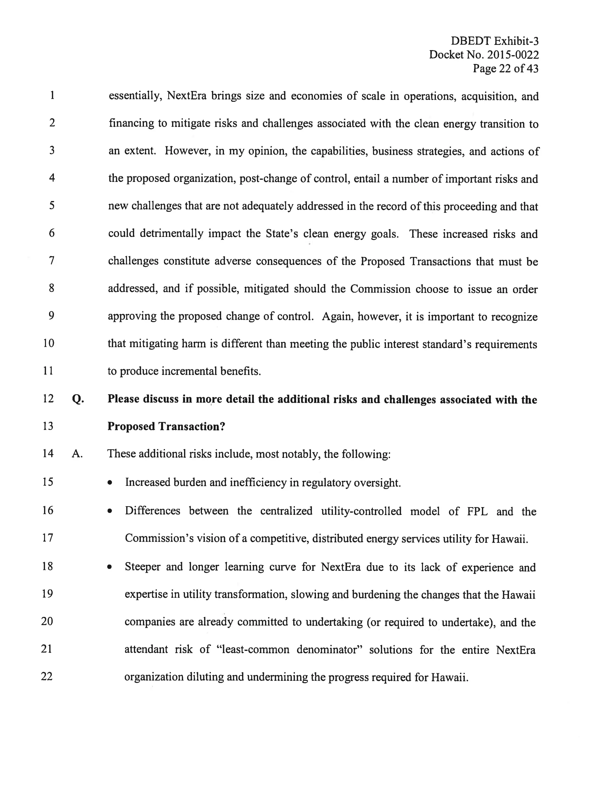 Hawaii Department of Business and Economic Development testimony on NextEra deal