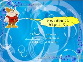 Now subtract 39. 864 to 11. 721.   39. 864  minuend   -  11. 721   subtrahend   28. 143  difference 