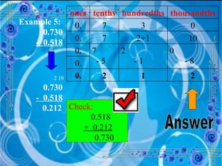 Example 5:     0.730 -  0.518   2 10   0.730 -  0.518 0.212 Check:  0.518 +  0.212 0.730 Answer ones tenths hundredths thousandths 0. 7 3 0 0. 7 2+1 10 0. 7 - 5 2 - 1 0 - 8 0. 0. 2 1 2 