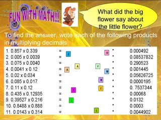 What did the big flower say about the little flower? FUN WITH MATH!!! To find the answer, write each of the following products in multiplying decimals.   