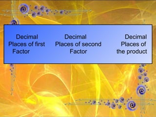 Decimal   Decimal   Decimal Places of first Places of second   Places of  Factor Factor the product  