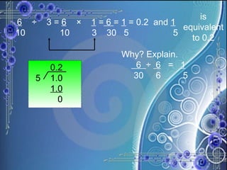 6   ÷  3 =  6   ×  1  =  6  =  1  = 0.2  and  1 10  10  3  30  5  5 is equivalent to 0.2 Why? Explain.  6  ÷  6   =  1   30  6  5 0.2 5  1.0 1.0 0 