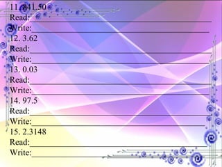 11. 841.50 Read:__________________________________________ Write:_________________________________________ 12. 3.62 Read:__________________________________________ Write:_________________________________________ 13. 0.03 Read:__________________________________________ Write:_________________________________________ 14. 97.5 Read:__________________________________________ Write:________________________________________ 15. 2.3148 Read:_________________________________________ Write:________________________________________ 