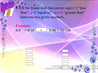 Worksheet I. Fill the frame with the correct sign (>) “less than”, (=) “equal to”, or (>) “greater than” between two given numbers. Example: 0.9  = 9/10  0.90 = 10/100   = 6 