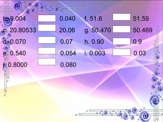 b. 9.004  0.040  f. 51.6   51.59  c. 20.80533  20.06 g. 50.470   50.469  d. 0.070   0.07  h. 0.90   0.9  e. 0.540   0.054  i. 0.003  0.03 j. 0.8000   0.080  