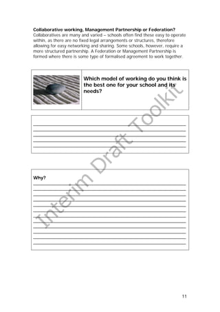Collaborative working, Management Partnership or Federation?
Collaboratives are many and varied – schools often find these easy to operate
within, as there are no fixed legal arrangements or structures, therefore
allowing for easy networking and sharing. Some schools, however, require a
more structured partnership. A Federation or Management Partnership is
formed where there is some type of formalised agreement to work together.




                         Which model of working do you think is
                         the best one for your school and its
                         needs?




_______________________________________________________________
_______________________________________________________________
_______________________________________________________________
_______________________________________________________________
_______________________________________________________________




Why?
_______________________________________________________________
_______________________________________________________________
_______________________________________________________________
_______________________________________________________________
_______________________________________________________________
_______________________________________________________________
_______________________________________________________________
_______________________________________________________________
_______________________________________________________________
_______________________________________________________________
_______________________________________________________________
_______________________________________________________________




                                                                           11
 