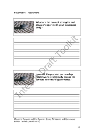 Governance – Federations




                       What are the current strengths and
                       areas of expertise in your Governing
                       Body?




_______________________________________________________________
_______________________________________________________________
_______________________________________________________________
_______________________________________________________________
_______________________________________________________________
_______________________________________________________________
_______________________________________________________________
_______________________________________________________________
_______________________________________________________________




                       How will the planned partnership
                       model work strategically across the
                       schools in terms of governance?




_______________________________________________________________
_______________________________________________________________
_______________________________________________________________
_______________________________________________________________
_______________________________________________________________
_______________________________________________________________
_______________________________________________________________
_______________________________________________________________
_______________________________________________________________


(Governor Services and the Diocesan School Admissions and Governance
Adviser can help you with this)


                                                                       17
 