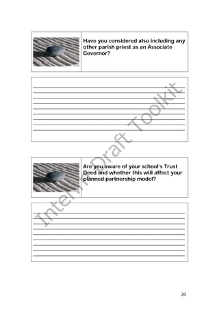 Have you considered also including any
                    other parish priest as an Associate
                    Governor?




_______________________________________________________________
_______________________________________________________________
_______________________________________________________________
_______________________________________________________________
_______________________________________________________________
_______________________________________________________________
_______________________________________________________________
_______________________________________________________________
_______________________________________________________________




                    Are you aware of your school’s Trust
                    Deed and whether this will affect your
                    planned partnership model?




_______________________________________________________________
_______________________________________________________________
_______________________________________________________________
_______________________________________________________________
_______________________________________________________________
_______________________________________________________________
_______________________________________________________________
_______________________________________________________________
_______________________________________________________________




                                                             20
 