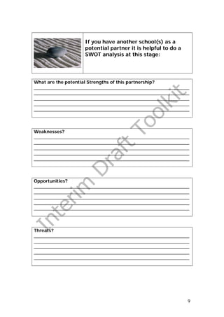 If you have another school(s) as a
                    potential partner it is helpful to do a
                    SWOT analysis at this stage:




What are the potential Strengths of this partnership?
_______________________________________________________________
_______________________________________________________________
_______________________________________________________________
_______________________________________________________________
_______________________________________________________________



Weaknesses?
_______________________________________________________________
_______________________________________________________________
_______________________________________________________________
_______________________________________________________________
_______________________________________________________________



Opportunities?
_______________________________________________________________
_______________________________________________________________
_______________________________________________________________
_______________________________________________________________
_______________________________________________________________



Threats?
_______________________________________________________________
_______________________________________________________________
_______________________________________________________________
_______________________________________________________________
_______________________________________________________________




                                                              9
 