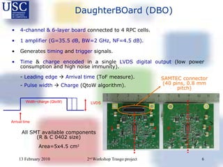4-channel & 6-layer board  connected to 4 RPC cells. 1 amplifier (G=35.5 dB, BW=2 GHz, NF=4.5 dB) .   Generates  timing  and  trigger  signals. Time  &  charge encoded  in a single  LVDS digital output  (low power consumption and high noise immunity).  -  Leading edge      Arrival time  (ToF measure). -  Pulse width      Charge  (QtoW algorithm). DaughterBOard (DBO) All SMT available components (R & C 0402 size) SAMTEC connector (40 pins, 0.8 mm pitch) Area=5x4.5 cm 2 1 3 2 4 Width ~charge (QtoW) Arrival  time LVDS 