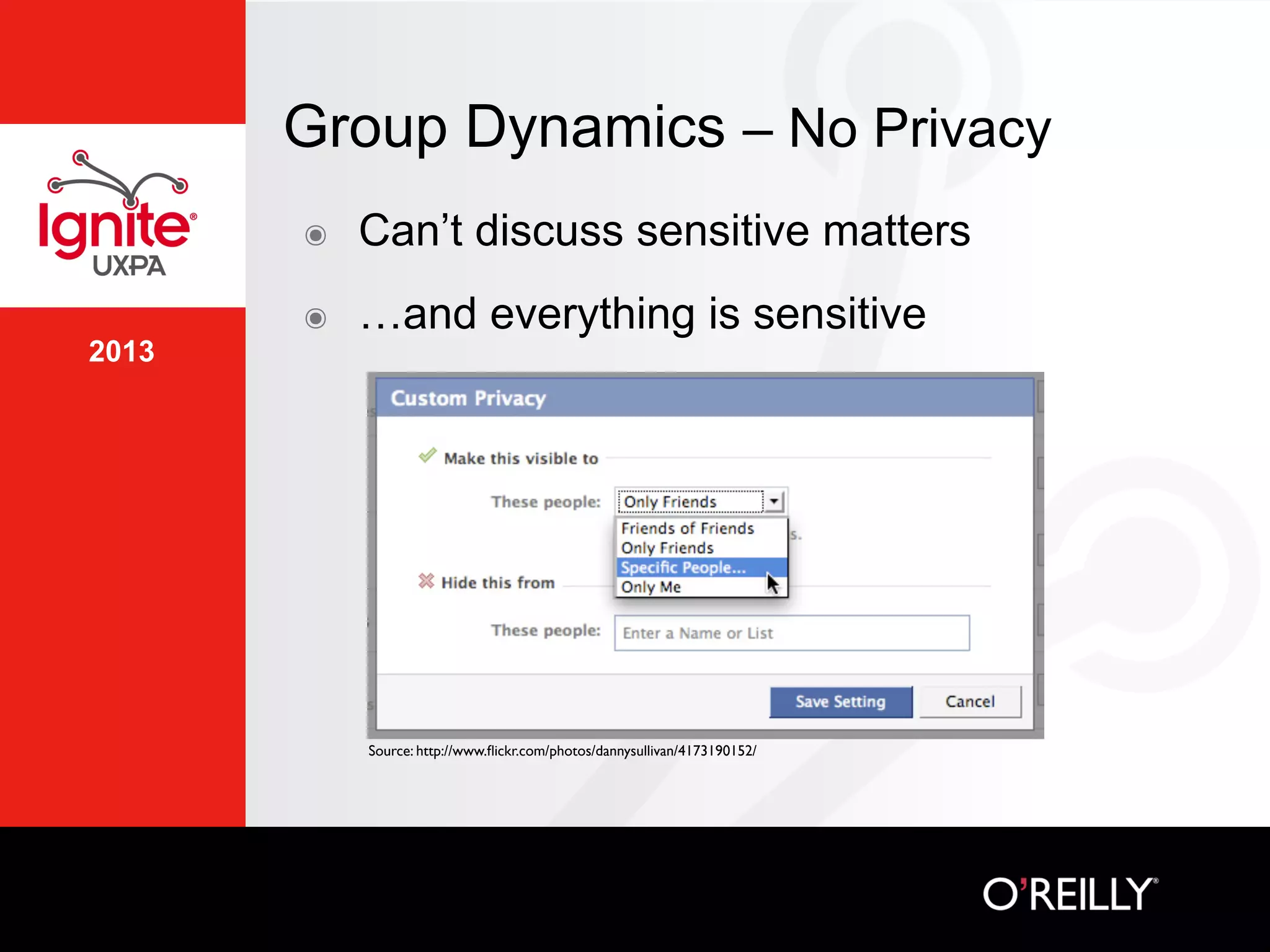 2013
Group Dynamics – No Privacy
๏  Can’t discuss sensitive matters
๏  …and everything is sensitive
Source: http://www.ﬂickr.com/photos/dannysullivan/4173190152/	

 