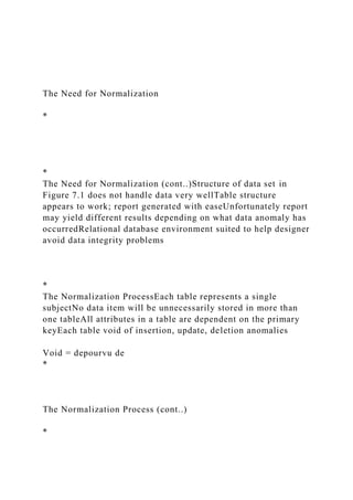 The Need for Normalization
*
*
The Need for Normalization (cont..)Structure of data set in
Figure 7.1 does not handle data very wellTable structure
appears to work; report generated with easeUnfortunately report
may yield different results depending on what data anomaly has
occurredRelational database environment suited to help designer
avoid data integrity problems
*
The Normalization ProcessEach table represents a single
subjectNo data item will be unnecessarily stored in more than
one tableAll attributes in a table are dependent on the primary
keyEach table void of insertion, update, deletion anomalies
Void = depourvu de
*
The Normalization Process (cont..)
*
 