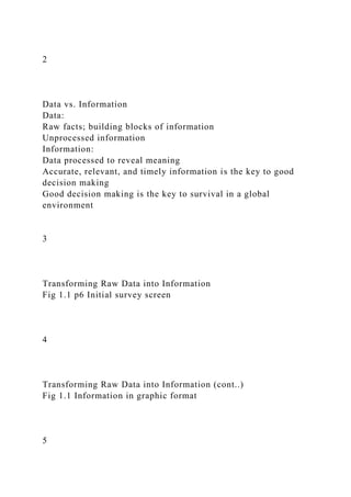 2
Data vs. Information
Data:
Raw facts; building blocks of information
Unprocessed information
Information:
Data processed to reveal meaning
Accurate, relevant, and timely information is the key to good
decision making
Good decision making is the key to survival in a global
environment
3
Transforming Raw Data into Information
Fig 1.1 p6 Initial survey screen
4
Transforming Raw Data into Information (cont..)
Fig 1.1 Information in graphic format
5
 