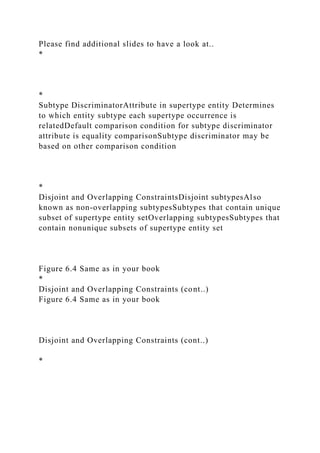 Please find additional slides to have a look at..
*
*
Subtype DiscriminatorAttribute in supertype entity Determines
to which entity subtype each supertype occurrence is
relatedDefault comparison condition for subtype discriminator
attribute is equality comparisonSubtype discriminator may be
based on other comparison condition
*
Disjoint and Overlapping ConstraintsDisjoint subtypesAlso
known as non-overlapping subtypesSubtypes that contain unique
subset of supertype entity setOverlapping subtypesSubtypes that
contain nonunique subsets of supertype entity set
Figure 6.4 Same as in your book
*
Disjoint and Overlapping Constraints (cont..)
Figure 6.4 Same as in your book
Disjoint and Overlapping Constraints (cont..)
*
 