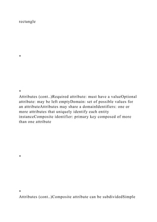 rectangle
*
*
Attributes (cont..)Required attribute: must have a valueOptional
attribute: may be left emptyDomain: set of possible values for
an attributeAttributes may share a domainIdentifiers: one or
more attributes that uniquely identify each entity
instanceComposite identifier: primary key composed of more
than one attribute
*
*
Attributes (cont..)Composite attribute can be subdividedSimple
 