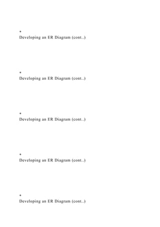*
Developing an ER Diagram (cont..)
*
Developing an ER Diagram (cont..)
*
Developing an ER Diagram (cont..)
*
Developing an ER Diagram (cont..)
*
Developing an ER Diagram (cont..)
 