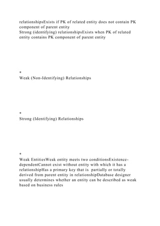 relationshipsExists if PK of related entity does not contain PK
component of parent entity
Strong (identifying) relationshipsExists when PK of related
entity contains PK component of parent entity
*
Weak (Non-Identifying) Relationships
*
Strong (Identifying) Relationships
*
Weak EntitiesWeak entity meets two conditionsExistence-
dependentCannot exist without entity with which it has a
relationshipHas a primary key that is partially or totally
derived from parent entity in relationshipDatabase designer
usually determines whether an entity can be described as weak
based on business rules
 