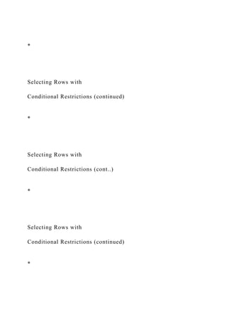 *
Selecting Rows with
Conditional Restrictions (continued)
*
Selecting Rows with
Conditional Restrictions (cont..)
*
Selecting Rows with
Conditional Restrictions (continued)
*
 