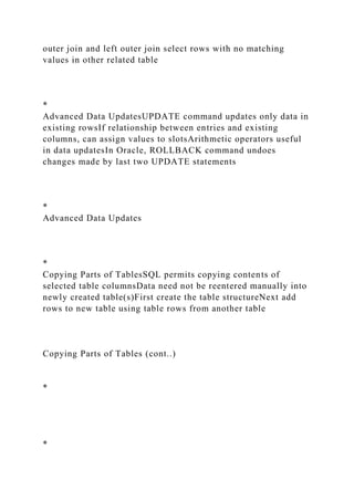 outer join and left outer join select rows with no matching
values in other related table
*
Advanced Data UpdatesUPDATE command updates only data in
existing rowsIf relationship between entries and existing
columns, can assign values to slotsArithmetic operators useful
in data updatesIn Oracle, ROLLBACK command undoes
changes made by last two UPDATE statements
*
Advanced Data Updates
*
Copying Parts of TablesSQL permits copying contents of
selected table columnsData need not be reentered manually into
newly created table(s)First create the table structureNext add
rows to new table using table rows from another table
Copying Parts of Tables (cont..)
*
*
 