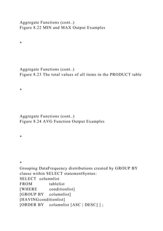 Aggregate Functions (cont..)
Figure 8.22 MIN and MAX Output Examples
*
Aggregate Functions (cont..)
Figure 8.23 The total values of all items in the PRODUCT table
*
Aggregate Functions (cont..)
Figure 8.24 AVG Function Output Examples
*
*
Grouping DataFrequency distributions created by GROUP BY
clause within SELECT statementSyntax:
SELECT columnlist
FROM tablelist
[WHERE conditionlist]
[GROUP BY columnlist]
[HAVINGconditionlist]
[ORDER BY columnlist [ASC | DESC] ] ;
 