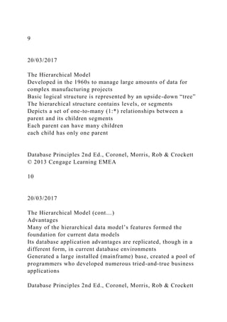 9
20/03/2017
The Hierarchical Model
Developed in the 1960s to manage large amounts of data for
complex manufacturing projects
Basic logical structure is represented by an upside-down “tree”
The hierarchical structure contains levels, or segments
Depicts a set of one-to-many (1:*) relationships between a
parent and its children segments
Each parent can have many children
each child has only one parent
Database Principles 2nd Ed., Coronel, Morris, Rob & Crockett
© 2013 Cengage Learning EMEA
10
20/03/2017
The Hierarchical Model (cont…)
Advantages
Many of the hierarchical data model’s features formed the
foundation for current data models
Its database application advantages are replicated, though in a
different form, in current database environments
Generated a large installed (mainframe) base, created a pool of
programmers who developed numerous tried-and-true business
applications
Database Principles 2nd Ed., Coronel, Morris, Rob & Crockett
 