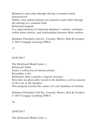 Related to each other through sharing a common entity
characteristic
Tables, also called relations are related to each other through
the sharing of a common field
Relational diagram
Is a representation of relational database’s entities, attributes
within those entities, and relationships between those entities
Database Principles 2nd Ed., Coronel, Morris, Rob & Crockett
© 2013 Cengage Learning EMEA
17
20/03/2017
The Relational Model (cont..)
Relational Table
Stores a collection of related entities
Resembles a file
Relational table is purely a logical structure
How data are physically stored in the database is of no concern
to the user or the designer
This property became the source of a real database revolution
Database Principles 2nd Ed., Coronel, Morris, Rob & Crockett
© 2013 Cengage Learning EMEA
18
20/03/2017
The Relational Model (cont..)
 