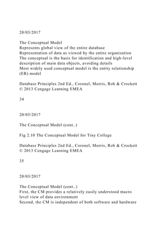 20/03/2017
The Conceptual Model
Represents global view of the entire database
Representation of data as viewed by the entire organization
The conceptual is the basis for identification and high-level
description of main data objects, avoiding details
Most widely used conceptual model is the entity relationship
(ER) model
Database Principles 2nd Ed., Coronel, Morris, Rob & Crockett
© 2013 Cengage Learning EMEA
34
20/03/2017
The Conceptual Model (cont..)
Fig 2.10 The Conceptual Model for Tiny College
Database Principles 2nd Ed., Coronel, Morris, Rob & Crockett
© 2013 Cengage Learning EMEA
35
20/03/2017
The Conceptual Model (cont..)
First, the CM provides a relatively easily understood macro
level view of data environment
Second, the CM is independent of both software and hardware
 