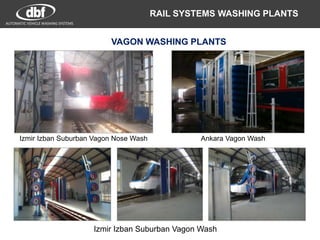 RAIL SYSTEMS WASHING PLANTS
VAGON WASHING PLANTS
Izmir Izban Suburban Vagon Nose Wash
Izmir Izban Suburban Vagon Wash
Ankara Vagon Wash
AUTOMATIC VEHICLE WASHING SYSTEMS
 