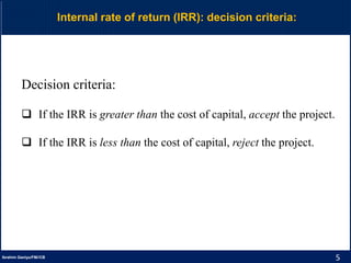 5Ibrahim Ganiyu/FM//CB
Internal rate of return (IRR): decision criteria:
Decision criteria:
 If the IRR is greater than the cost of capital, accept the project.
 If the IRR is less than the cost of capital, reject the project.
 