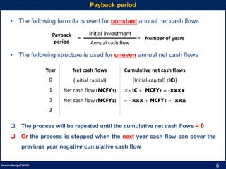 6Ibrahim Ganiyu/FM//CB
Payback period
• The following formula is used for constant annual net cash flows
• The following structure is used for uneven annual net cash flows
 The process will be repeated until the cumulative net cash flows = 0
 Or the process is stopped when the next year cash flow can cover the
previous year negative cumulative cash flow
Payback
period
=
Initial investment
= Number of years
Annual cash flow
Year Net cash flows Cumulative net cash flows
0 (Initial capital) (Initial capital) (IC))
1 Net cash flow (NCFY1) = - IC + NCFY1 = -xxxx
2 Net cash flow (NCFY2) = - xxx + NCFY2 = -xxx
3
 