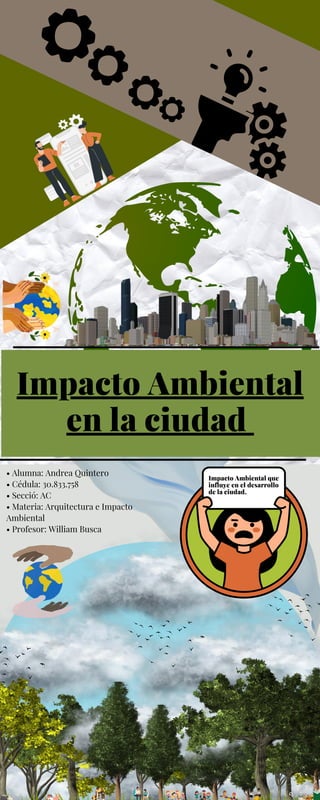 Impacto Ambiental
en la ciudad
• Alumna: Andrea Quintero
• Cédula: 30.833.758
• Secció: AC
• Materia: Arquitectura e Impacto
Ambiental
• Profesor: William Busca
Impacto Ambiental que
influye en el desarrollo
de la ciudad.
 