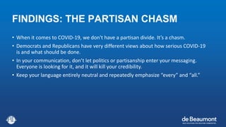 FINDINGS: THE PARTISAN CHASM
• When it comes to COVID-19, we don't have a partisan divide. It’s a chasm.
• Democrats and R...