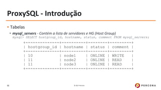 © 2017 Percona11
ProxySQL - Introdução
▪ Tabelas
• mysql_servers - Contém a lista de servidores e HG (Host Group)
mysql> SELECT hostgroup_id, hostname, status, comment FROM mysql_servers;
+--------------+----------+--------+---------+
| hostgroup_id | hostname | status | comment |
+--------------+----------+--------+---------+
| 10 | node1 | ONLINE | WRITE |
| 11 | node2 | ONLINE | READ |
| 11 | node3 | ONLINE | READ |
+--------------+----------+--------+---------+
 