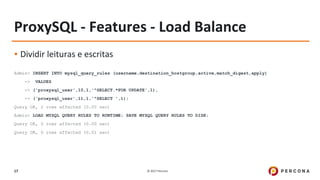 © 2017 Percona17
ProxySQL - Features - Load Balance
▪ Dividir leituras e escritas
Admin> INSERT INTO mysql_query_rules (username,destination_hostgroup,active,match_digest,apply)
-> VALUES
-> ('proxysql_user',10,1,'^SELECT.*FOR UPDATE',1),
-> ('proxysql_user',11,1,'^SELECT ',1);
Query OK, 2 rows affected (0.00 sec)
Admin> LOAD MYSQL QUERY RULES TO RUNTIME; SAVE MYSQL QUERY RULES TO DISK;
Query OK, 0 rows affected (0.00 sec)
Query OK, 0 rows affected (0.01 sec)
 