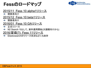 DBFluteフェス 2015
2015/11 Fess 10 alpha1リリース
➔ 開発者向け
2015/12 Fess 10 beta1リリース
➔ 開発者向け
2016/01 Fess 10 GAリリース
➔ 正式リリース
➔ N2 Search 10として、案件適用開始(大規模向けから)
2016/夏頃(?) Fess 11リリース
➔ Elasticsearchのリリース状況などにも依存
Fessのロードマップ
 