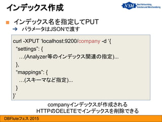 DBFluteフェス 2015
curl -XPUT ‘localhost:9200/company -d ‘{
“settings”: {
…(Analyzer等のインデックス関連の指定)...
},
“mappings”: {
…(スキーマなど指定)...
}
}’
■ インデックス名を指定してPUT
➔ パラメータはJSONで渡す
インデックス作成
companyインデックスが作成される
HTTPのDELETEでインデックスを削除できる
 
