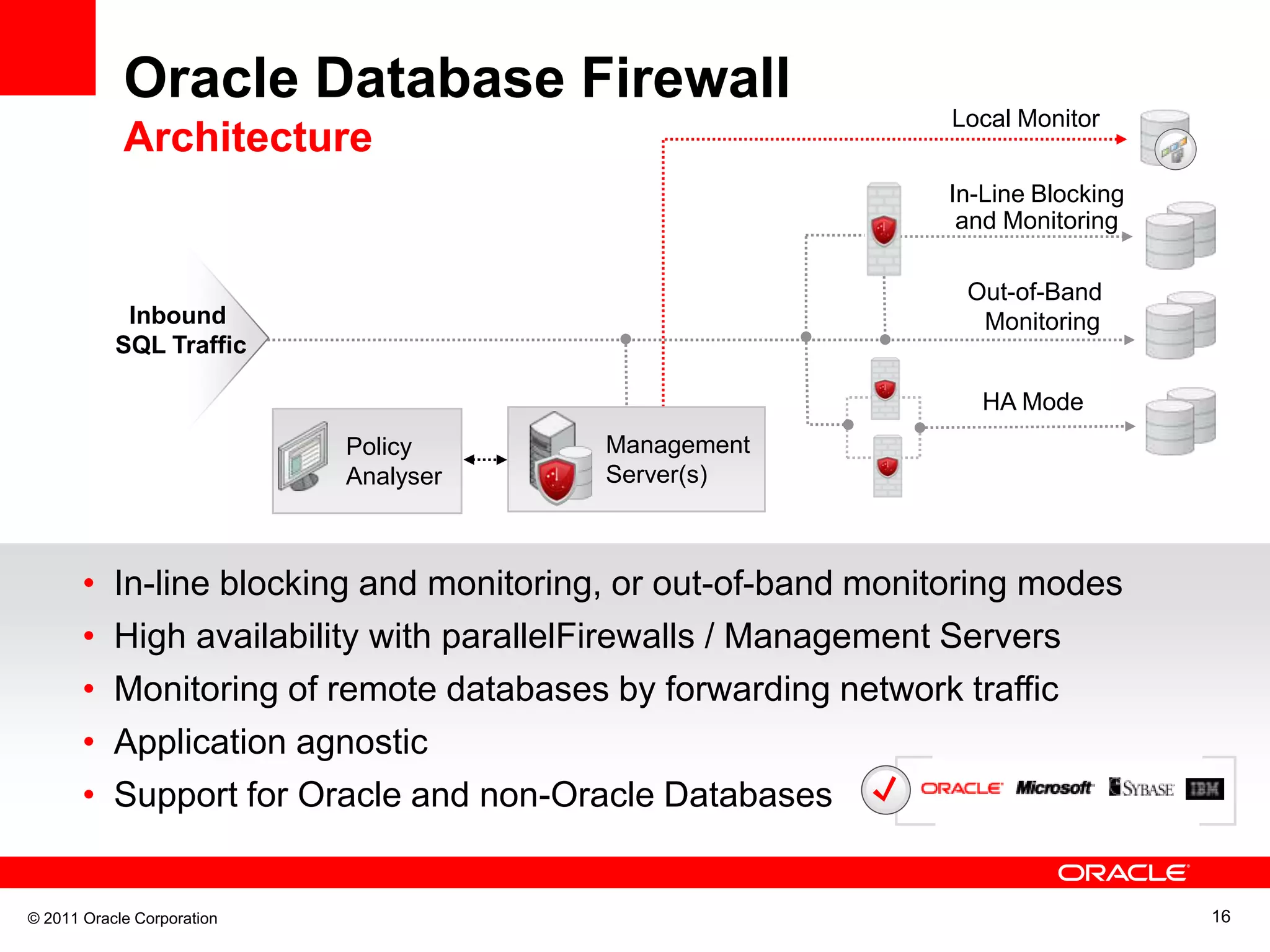 Oracle Database Firewall Local Monitor Architecture In-Line Blocking and Monitoring Out-of-Band Inbound Monitoring SQL Traffic HA Mode Policy Management Analyser Server(s) • In-line blocking and monitoring, or out-of-band monitoring modes • High availability with parallelFirewalls / Management Servers • Monitoring of remote databases by forwarding network traffic • Application agnostic • Support for Oracle and non-Oracle Databases © 2011 Oracle Corporation 16 