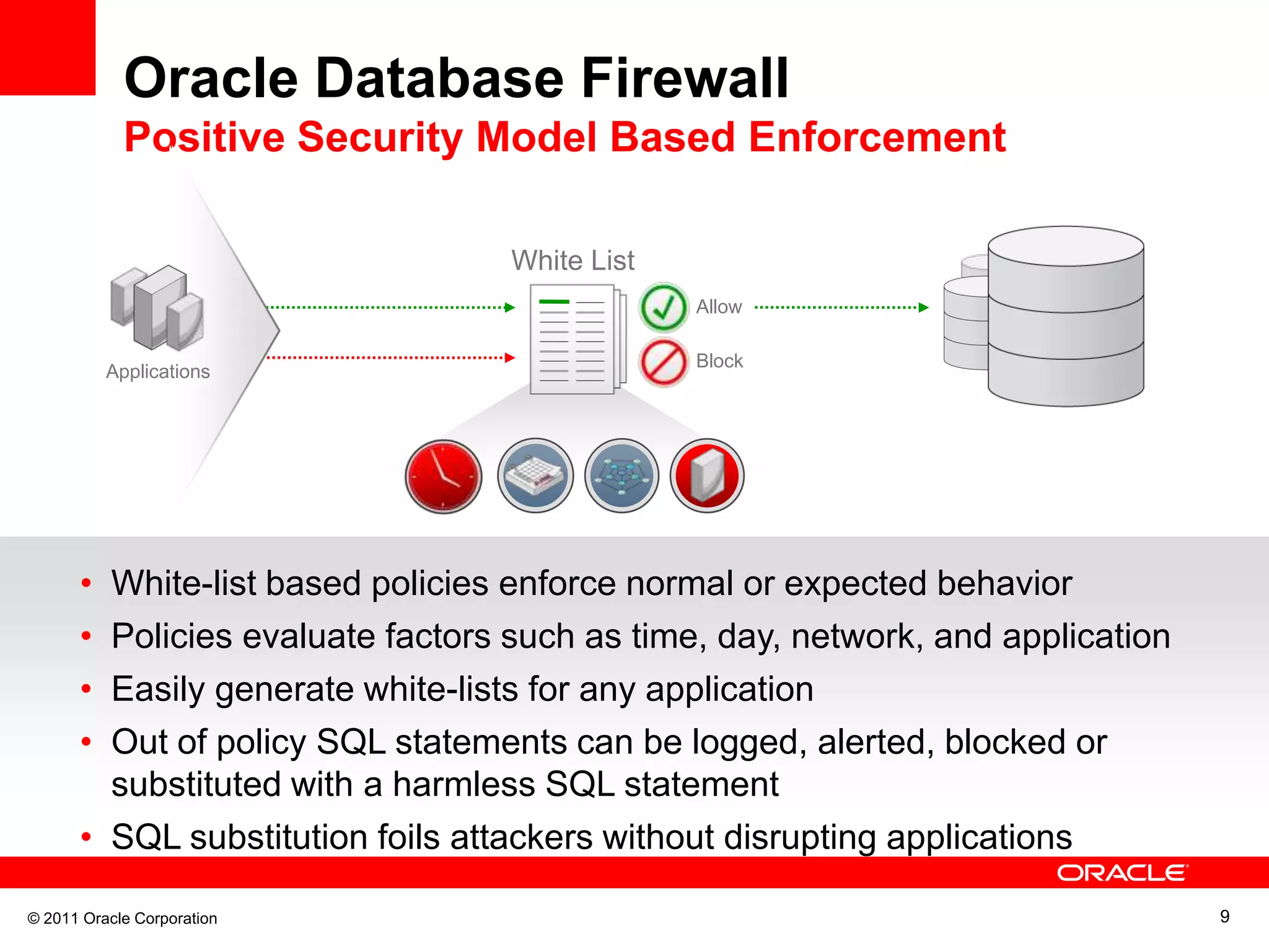 Oracle Database Firewall Positive Security Model Based Enforcement White List Allow Block Applications • White-list based policies enforce normal or expected behavior • Policies evaluate factors such as time, day, network, and application • Easily generate white-lists for any application • Out of policy SQL statements can be logged, alerted, blocked or substituted with a harmless SQL statement • SQL substitution foils attackers without disrupting applications © 2011 Oracle Corporation 9 