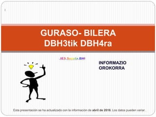 GURASO- BILERA
DBH3tik DBH4ra
INFORMAZIO
OROKORRA
Esta presentación se ha actualizado con la información de abril de 2016. Los datos pueden variar.
I
 