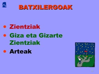 BATXILERGOAKBATXILERGOAK
• Zientziak
• Giza eta Gizarte
Zientziak
• Arteak
1313
 