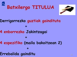 Batxilergo TITULUA
Derrigorrezko guztiak gaindituta
+
4 enborrezko Jakintzagai
+
4 espezifiko (maila bakoitzean 2)
+
Errebalida gainditu 1515
 
