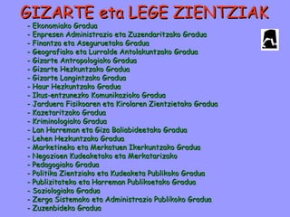 GIZARTEGIZARTE etaeta LEGE ZIENTZIAKLEGE ZIENTZIAK
- Ekonomiako Gradua- Ekonomiako Gradua
- Enpresen Administrazio eta Zuzendaritzako Gradua- Enpresen Administrazio eta Zuzendaritzako Gradua
- Finantza eta Aseguruetako Gradua- Finantza eta Aseguruetako Gradua
- Geografiako eta Lurralde Antolakuntzako Gradua- Geografiako eta Lurralde Antolakuntzako Gradua
- Gizarte Antropologiako Gradua- Gizarte Antropologiako Gradua
- Gizarte Hezkuntzako Gradua- Gizarte Hezkuntzako Gradua
- Gizarte Langintzako Gradua- Gizarte Langintzako Gradua
- Haur Hezkuntzako Gradua- Haur Hezkuntzako Gradua
- Ikus-entzunezko Komunikazioko Gradua- Ikus-entzunezko Komunikazioko Gradua
- Jarduera Fisikoaren eta Kirolaren Zientzietako Gradua- Jarduera Fisikoaren eta Kirolaren Zientzietako Gradua
- Kazetaritzako Gradua- Kazetaritzako Gradua
- Kriminologiako Gradua- Kriminologiako Gradua
- Lan Harreman eta Giza Baliabideetako Gradua- Lan Harreman eta Giza Baliabideetako Gradua
- Lehen Hezkuntzako Gradua- Lehen Hezkuntzako Gradua
- Marketineko eta Merkatuen Ikerkuntzako Gradua- Marketineko eta Merkatuen Ikerkuntzako Gradua
- Negozioen Kudeaketako eta Merkatarizako- Negozioen Kudeaketako eta Merkatarizako
- Pedagogiako Gradua- Pedagogiako Gradua
- Politika Zientziako eta Kudeaketa Publikoko Gradua- Politika Zientziako eta Kudeaketa Publikoko Gradua
- Publizitateko eta Harreman Publikoetako Gradua- Publizitateko eta Harreman Publikoetako Gradua
- Soziologiako Gradua- Soziologiako Gradua
- Zerga Sistemako eta Administrazio Publikoko Gradua- Zerga Sistemako eta Administrazio Publikoko Gradua
- Zuzenbideko Gradua- Zuzenbideko Gradua
 