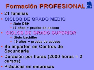 Formación PROFESIONALFormación PROFESIONAL
• 21 familias21 familias
• CICLOS DE GRADO MEDIOCICLOS DE GRADO MEDIO
• título DBHtítulo DBH
• 17 años + prueba de acceso17 años + prueba de acceso
• CICLOS DE GRADO SUPERIORCICLOS DE GRADO SUPERIOR
• título bachillertítulo bachiller
• 19 años + prueba de acceso19 años + prueba de acceso
• Se imparten en Centros deSe imparten en Centros de
SecundariaSecundaria
• Duración por horas (2000 horas = 2Duración por horas (2000 horas = 2
cursos)cursos)
• Prácticas en empresasPrácticas en empresas
 
