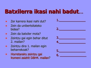 Batxilerra ikasi nahi badut … Zer karrera ikasi nahi dut? Zein da unibertsitateko bidea? Zein da batxiler mota? Zeintzu gai egin behar ditut 2. mailan? Zeintzu dira 1. mailan egin beharrekoak? Horretarako zeintzu gai komeni zaizkit DBH4. mailan ? 1.________________ 2.________________ 3.________________ 4.________________ 5.________________ 6. ________________ 