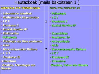 Hautazkoak (maila bakoitzean 1 )   ZIENTZIA ETA TEKNOLOGIA GIZA ETA GIZARTE ZZ - Laboratorio teknikak Mathematika laboratorioa I K T Frantsesa I Euskal Herriko Hª Elektronika Psikologia Fisiologia eta Giza anatomia Aisia  Ikus-entzunezko Kultura - I  K T - Frantsesa II Literatura  Zientzia, Teknologia eta Gizarte 1 2 -  Psikologia I K T Frantsesa I Euskal Herriko Hª Zuzenbidea Musikaren hª - Antropologia  Aisia  Ikus-entzunezko Kultura - I K T - Frantsesa II Literatura Zientzia, Tekno eta Gizarte Laboratorio de Mathematica Técnicas de Laboratorio Informática Francés Euskal Herriko Hª Fisiologia y Anatomia Introducción a la Fisica Introducción a la Imagen Salud y tiempo libre Francés Ciencia, Tecnologia y Sociedad Literatura Contemporánea Psicología Informática Francés Euskal Herriko Hª Derecho Antropologia  Administrazio eta Kudeaketa prozesuak .   Introducción a la Imagen Salud y tiempo libre Francés Ciencia, Tecnologia y Sociedad Literatura Contemporánea 