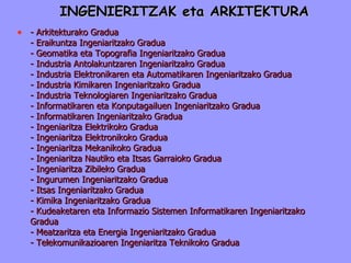 INGENIERITZAK eta ARKITEKTURA - Arkitekturako Gradua - Eraikuntza Ingeniaritzako Gradua - Geomatika eta Topografia Ingeniaritzako Gradua - Industria Antolakuntzaren Ingeniaritzako Gradua - Industria Elektronikaren eta Automatikaren Ingeniaritzako Gradua - Industria Kimikaren Ingeniaritzako Gradua - Industria Teknologiaren Ingeniaritzako Gradua - Informatikaren eta Konputagailuen Ingeniaritzako Gradua - Informatikaren Ingeniaritzako Gradua - Ingeniaritza Elektrikoko Gradua - Ingeniaritza Elektronikoko Gradua - Ingeniaritza Mekanikoko Gradua - Ingeniaritza Nautiko eta Itsas Garraioko Gradua - Ingeniaritza Zibileko Gradua - Ingurumen Ingeniaritzako Gradua - Itsas Ingeniaritzako Gradua - Kimika Ingeniaritzako Gradua - Kudeaketaren eta Informazio Sistemen Informatikaren Ingeniaritzako Gradua - Meatzaritza eta Energia Ingeniaritzako Gradua - Telekomunikazioaren Ingeniaritza Teknikoko Gradua 