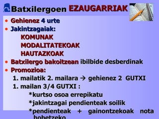Batxilergoen EZAUGARRIAK Gehienez  4 urte Jakintzagaiak: KOMUNAK  MODALITATEKOAK HAUTAZKOAK Batxilergo bakoitzean  ibilbide desberdinak Promozioa:  1. mailatik 2. mailara    gehienez 2  GUTXI 1. mailan 3/4 GUTXI : *kurtso osoa errepikatu *jakintzagai pendienteak soilik *pendienteak + gainontzekoak nota hobetzeko 2.mailan, dena gainditu ezean , gainditugabekoak soilik errepikatu behar   