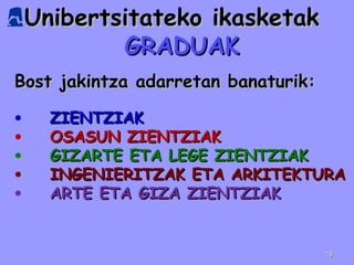 Bost jakintza adarretan banaturik: ZIENTZIAK OSASUN ZIENTZIAK GIZARTE ETA LEGE ZIENTZIAK INGENIERITZAK ETA ARKITEKTURA ARTE ETA GIZA ZIENTZIAK Unibertsitateko ikasketak  GRADUAK 