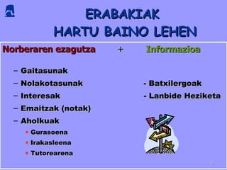 ERABAKIAK  HARTU BAINO LEHEN Norberaren ezagutza   +   Informazioa Gaitasunak Nolakotasunak  - Batxilergoak Interesak  - Lanbide Heziketa Emaitzak (notak)  Aholkuak  Gurasoena Irakasleena Tutorearena 