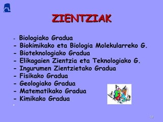 ZIENTZIAK -  Biologiako Gradua - Biokimikako eta Biologia Molekularreko G. - Bioteknologiako Gradua - Elikagaien Zientzia eta Teknologiako G.  - Ingurumen Zientzietako Gradua - Fisikako Gradua - Geologiako Gradua - Matematikako Gradua - Kimikako Gradua - 